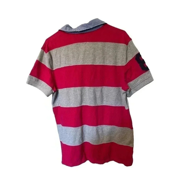 TOMMY HILFIGER SIZE LARGE POLO SHIRT RED AND GRAY STRIPES - Picture 3 of 5
